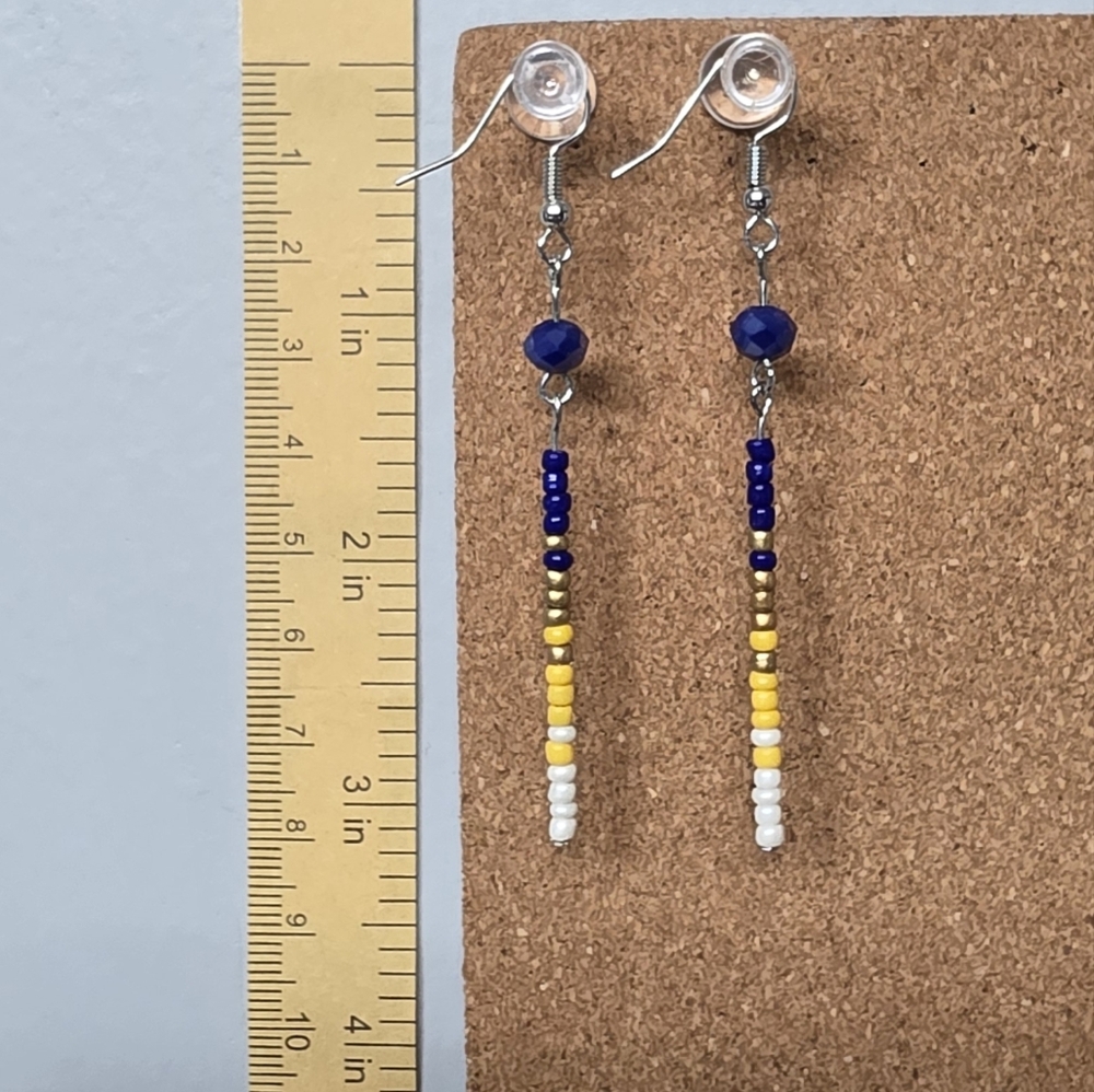Montana State Inspired Beaded Drop Earrings, Silver Hooks, Blue & Gold, Handmade